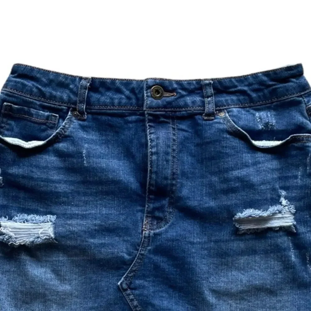 Wax Jean Distressed Mini Denim Skirt Womens Size L Blue Frayed Raw Hem Stretchy - Picture 5 of 8